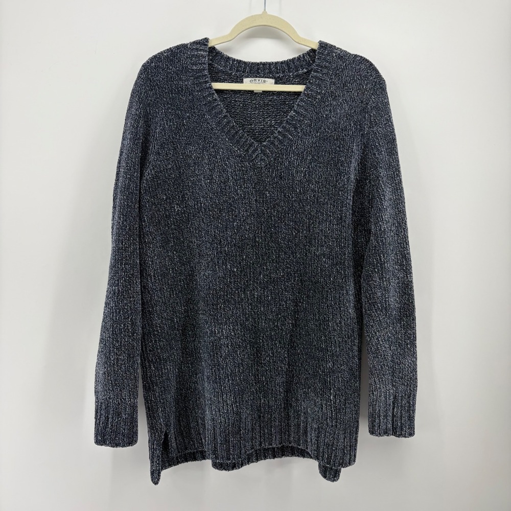Orvis Womens Large Blue Chenille V-Neck Sweater Marled Knit Tunic Side Slits
